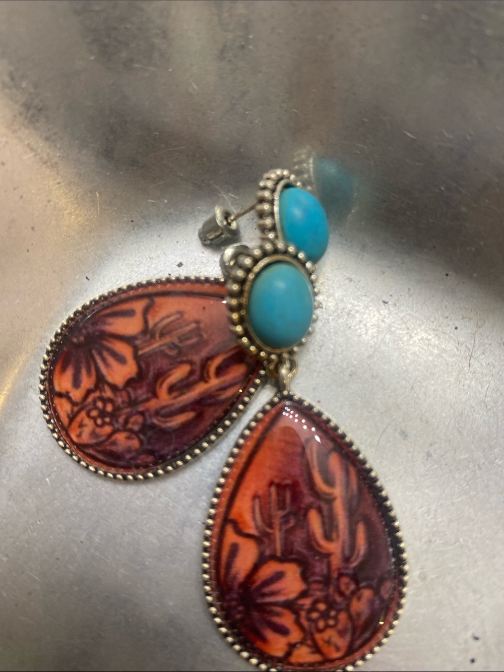 Turquoise and Orange Floral Teardrop Earrings